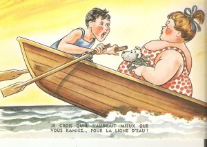 Comic couple with dog on a boat Humorous old vintage French artist drawn PC