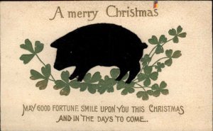Christmas Good Fortune Real Felt Pig Novelty Vintage Postcard