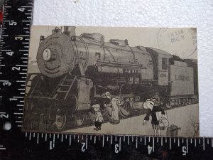 Postcard Steam Locomotive Train People Cartoon Art Print