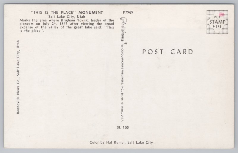 This Is The Place Monument~Brigham Young Stop 1847~UT~Plastichrome~Vintage PC