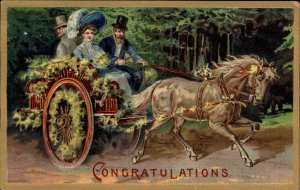 Congratulations Ornate Horse and Carriage Couple Romance c1910 Vintage Postcard