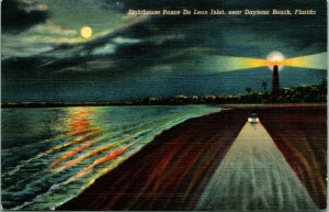 Vtg Linen Postcard Daytona Beach Florida Ponce de Leon Light Lighthouse Night