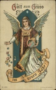 German New Year Angel Flowers GOTT ZUM GRUSS c1910 Postcard