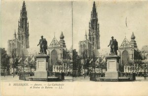 Postcard Vues Stereoscopiques, 5 .Anvers Belgium Cathedral & Rubens Statue