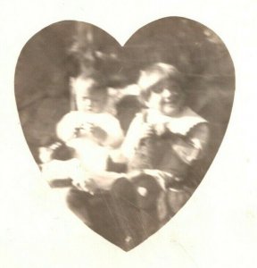 Vintage 1910's RPPC Postcard - Candid Shot Two Children Heart Shaped - NICE
