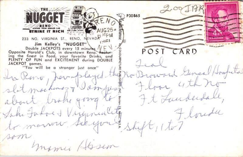 Nugget Reno NV Interior Bar Postcard PM Clean Cancel WOB Note VTG Plastichrome