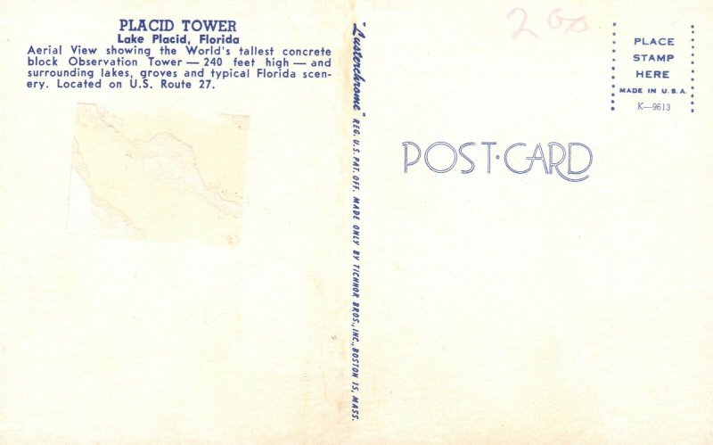 Vintage Postcard Placid Tower Lake Placid Florida Aerial View Observation Tower 