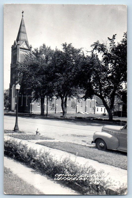 Jefferson South Dakota SD Postcard RPPC Photo Catholic Church Car c1940's