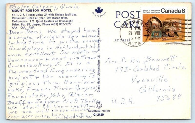 Mount Robson Motel JASPER Canada Postcard