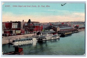 c1910's Union Depot & Boat Docks Passenger Ferry St. Paul Minnesota MN Postcard