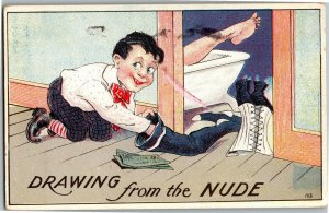 Boy Taking Money From Woman's Stocking While She Bathes c1911 Vtg Postcard A33