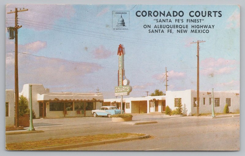 Santa Fe New Mexico~Angier Art Deco Coronado Courts on Albuquerque Hwy~1957 Car 