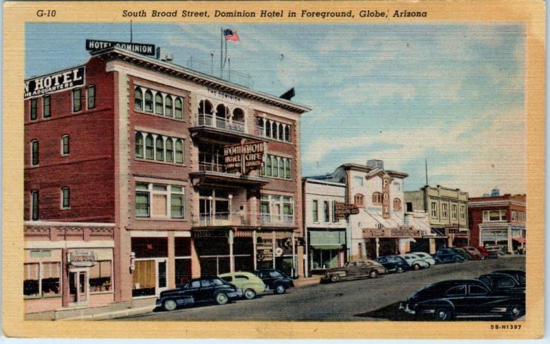 GLOBE, Arizona  AZ   BROAD STREET Dominion Hotel, Fox Theatre  1940s   Postcard