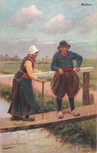 Ethnography topical vintage fine art postcard Marken costumes wood shoes bridge