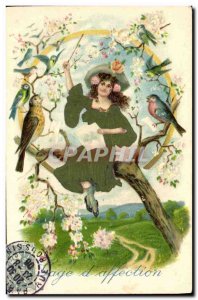 Old Postcard Fantasy Flowers Woman Birds