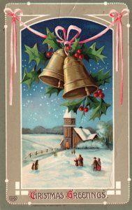 Vintage Postcard 1913 A Christmas Greetings Golden Yuletide Bells Winter Snow
