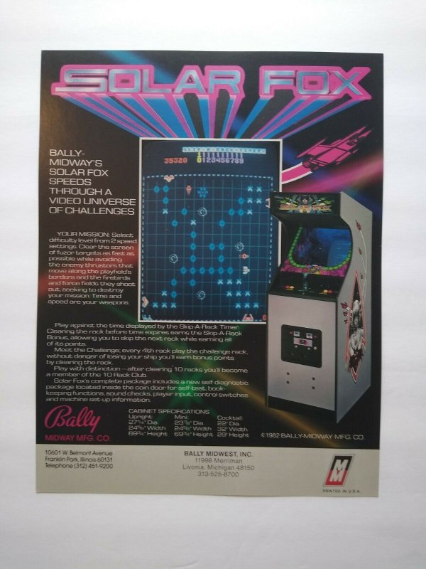 Solar Fox Arcade FLYER Original Midway 1982 Video Game Space Fantasy Aliens Art 