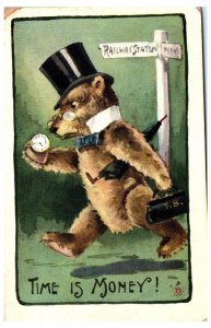 1912 Time is Money Teddy Bear Businessman Anthropomorphic Postcard