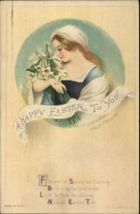 Ellen Clapsaddle #1602 Easter - Woman w/ Bouquet of Lilies c1915 Postcard