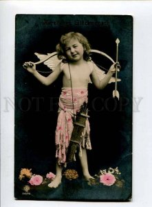 415054 NUDE Winged Girl CUPID Archer Vintage PHOTO Tinted PC