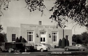 Larned KS Post Office Cars & Trucks 1940s Real Photo Postcard