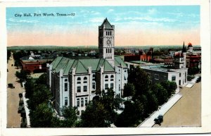 Postcard TX Fort Worth City Hall Old Cars Aerial View Clock Tower 1920s S53