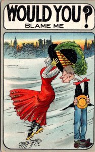 Comic Artwork Postcard Would You Blame Me? Man Watching Wind Blow Woman's Dress
