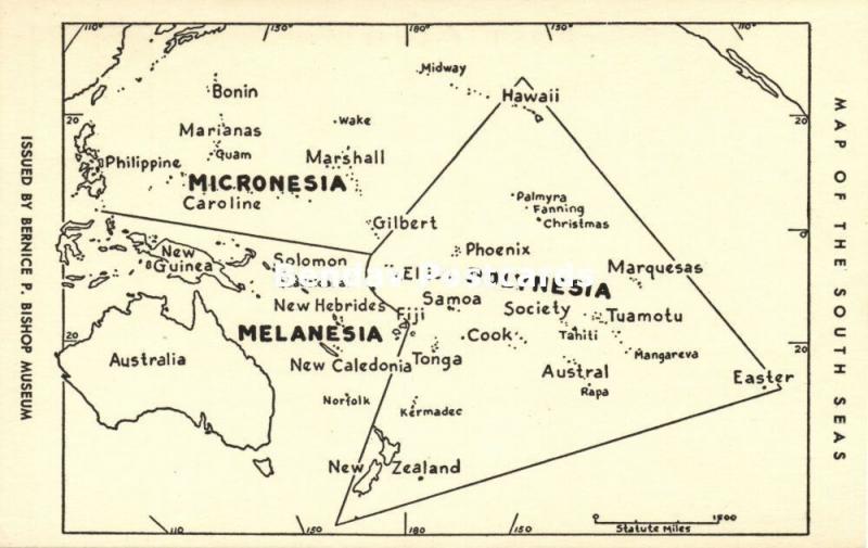 Micronesia Melanesia Polynesia, MAP Postcard of the South Seas (1960s) 