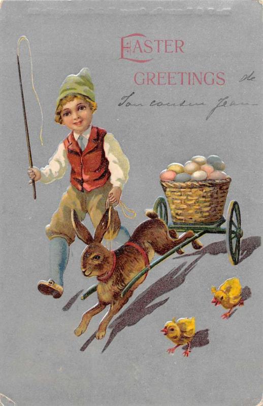 Easter Greetings Child Rabbit Cart Decorated Eggs Antique Postcard K81460