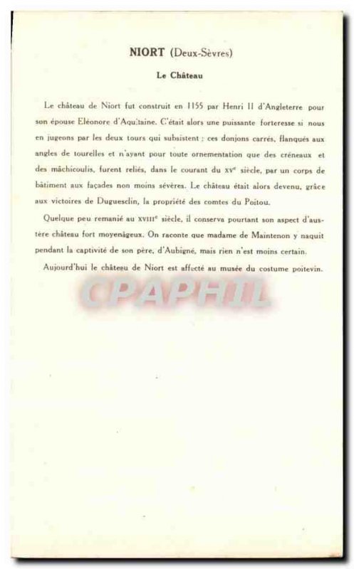 Old Postcard Niort Le Chateau