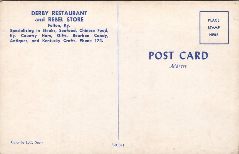 Derby Restaurant and Rebel Store Fulton KY Postcard PC537