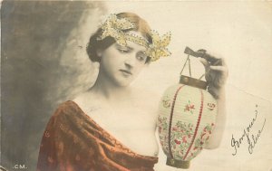 Hand-Colored French RPPC Beautiful Woman Japanese Lantern Risque Exposed Nipple