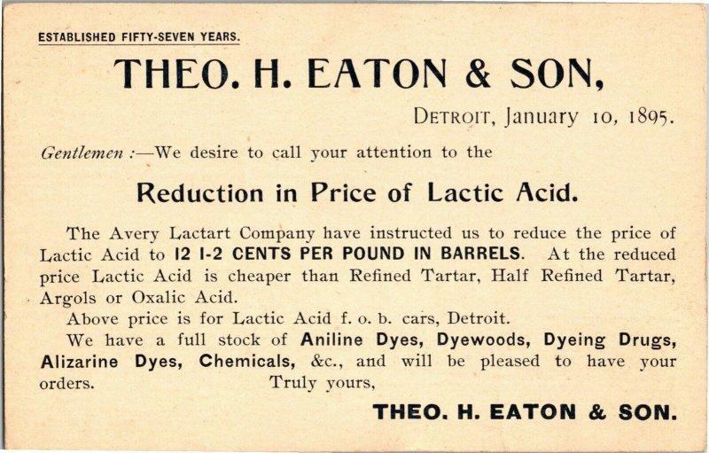 Advertising, Theo H Eaton & Son Sale on Lactic Acid c1895 Vintage Postcard A57 