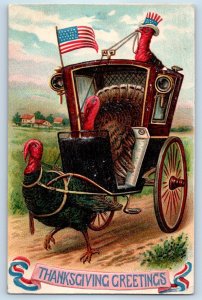 1909 Thanksgiving Greetings Turkey Uncle Sam Hat Riding Carriage Posted Postcard