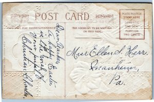 postcard Easter - Cross with rural scene and girl in blue bonnet birds flowers