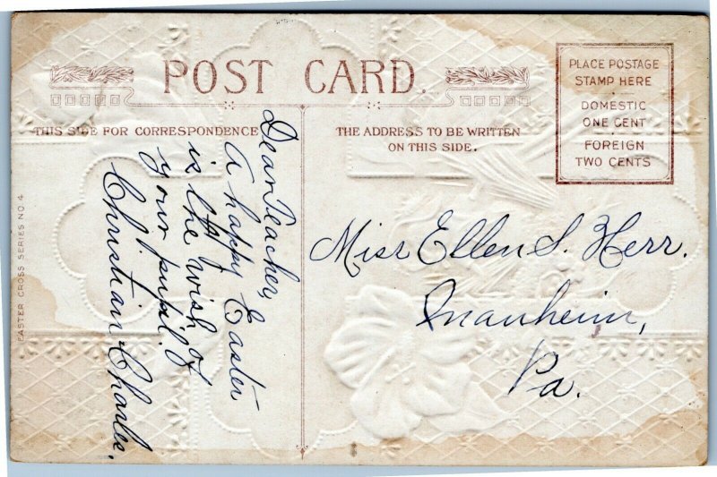 postcard Easter - Cross with rural scene and girl in blue bonnet birds flowers