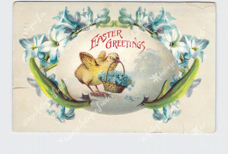 PPC POSTCARD EASTER GREETINGS CHICK WITH BASKET OF FLOWERS EMBOSSED 