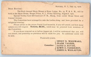 1902 Sixth Annual Shore Dinner Kane Lodge Newark NJ Advertising Postal Card