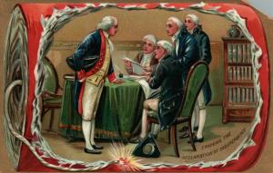 FRAMING OF DECLARATION OF INDEPENDENCE EMBOSSED ANTIQUE PATRIOTIC POSTCARD