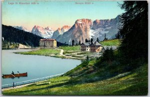 Lago Di Misurina Veneto Italy Hotel Mountain View Boating Postcard