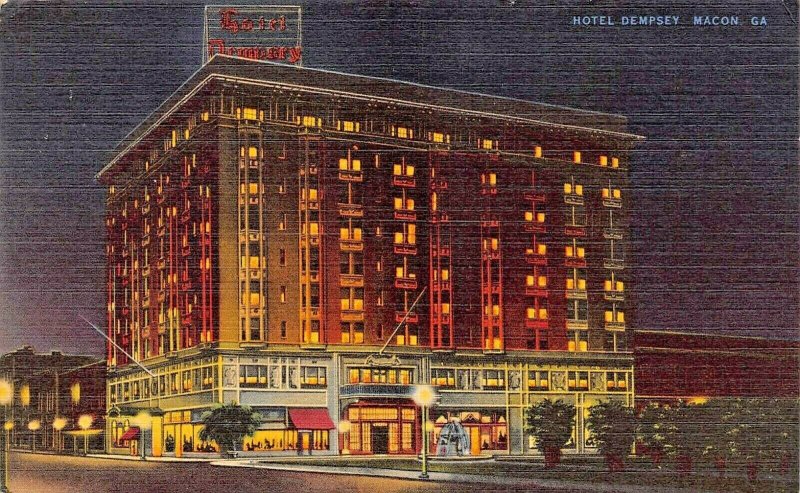 MACON GEORGIA GA~HOTEL DEMPSEY NIGHT VIEW-1942 PSTMK & MESSAGE POSTCARD