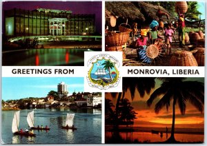 VINTAGE CONTINENTAL SIZED POSTCARD (4) MINIVIEWS SCENES OF MONROVIA LIBERIA 1982