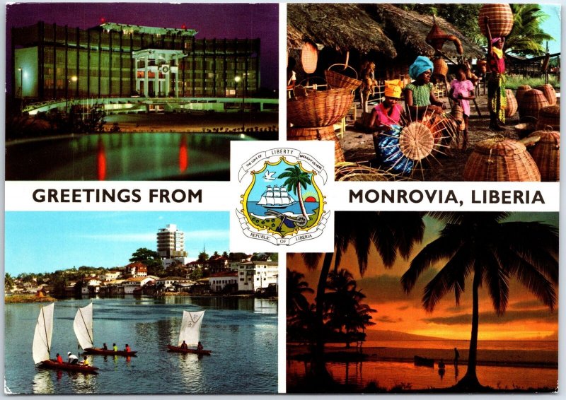 VINTAGE CONTINENTAL SIZED POSTCARD (4) MINIVIEWS SCENES OF MONROVIA LIBERIA 1982 