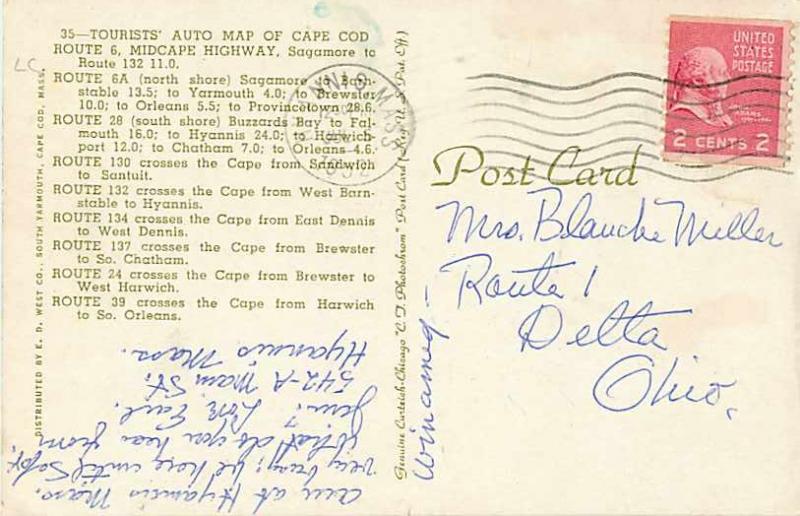 Tourist Auto Map Card of Cape Cod Massachusetts MA 1952