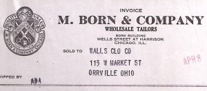 1938 M. BORN & COMPANY WHOLESALE TAILORS CHICAGO ORRVILLE BILLHEAD INVOICE Z277