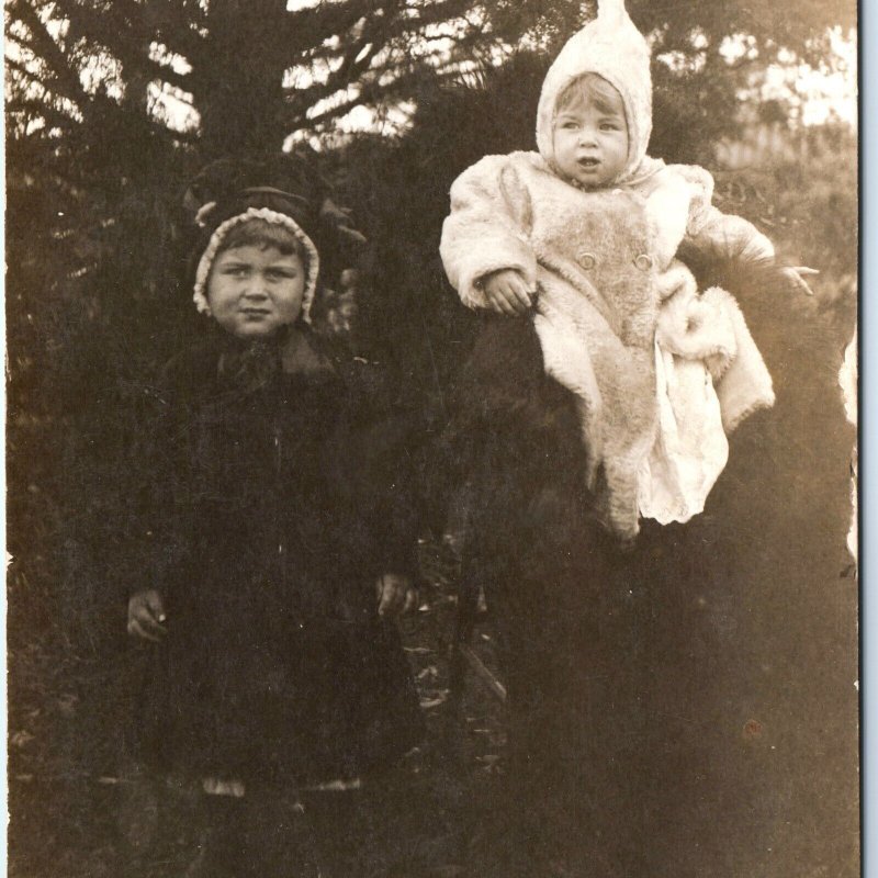 c1910s Cute Children Bundled Up Outdoors RPPC Winter Fur Coat Hat Boy Girl A151