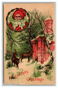 Vintage 1910's Christmas Postcard Santa Claus Xmas Wreath Deer in the Country