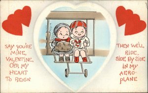 Valentine Cute Kids Couple Romance Airplane Pioneer Aviation c1910 Postcard