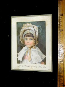 1870s-80s Lovely Girl Bonnet Christmas Love, Hildesheimer & Faulkner Card F19