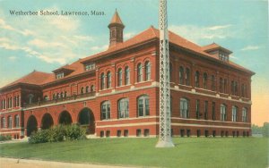 Lawrence  MA Wetherbee School Litho Postcard Unused